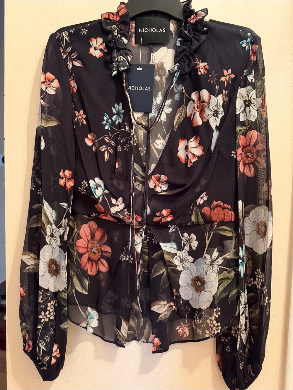 NICHOLAS Black Floral Ruffle-Neck Long Sleeve Blouse silk size 2